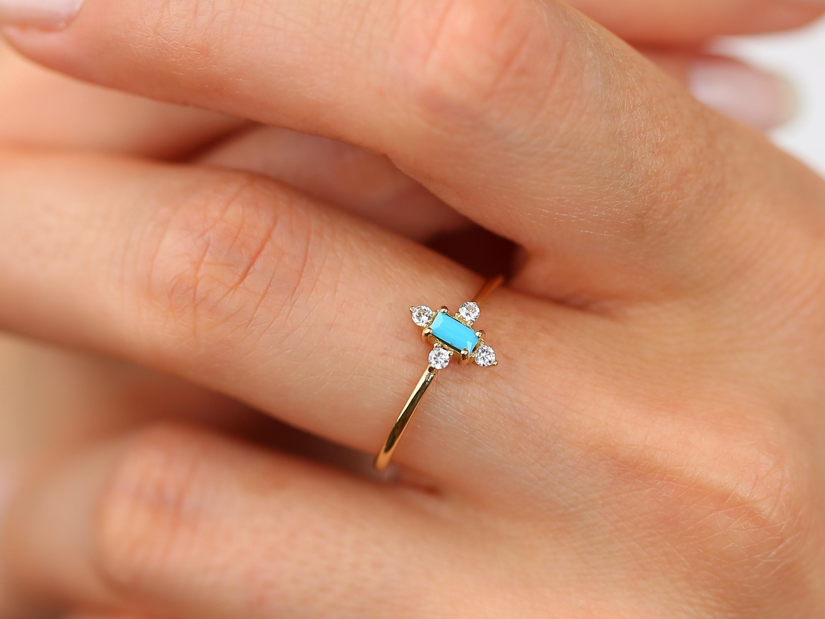 14K Gold Dainty Turquoise and Zircon Ring 3
