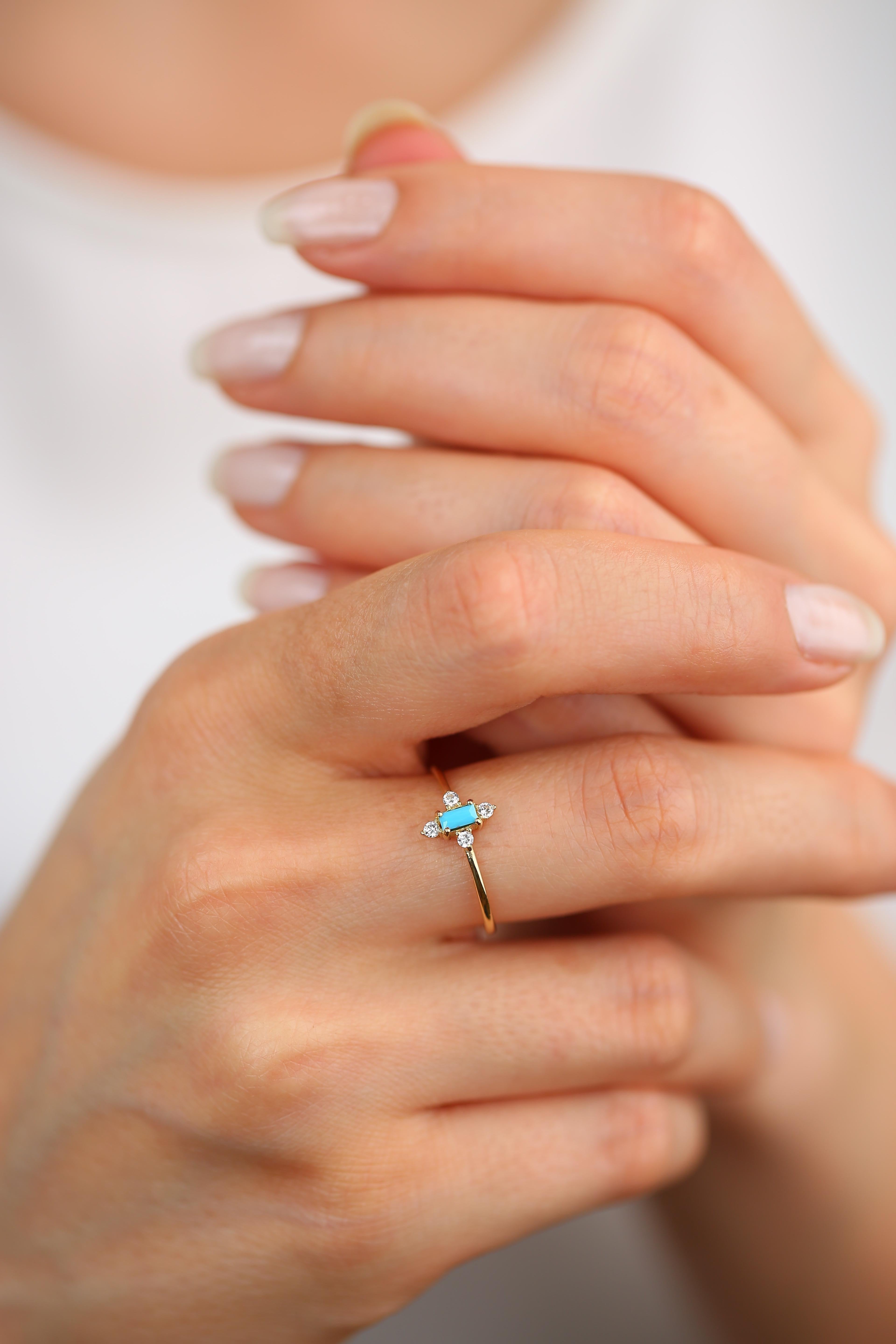 14K Gold Dainty Turquoise and Zircon Ring 4