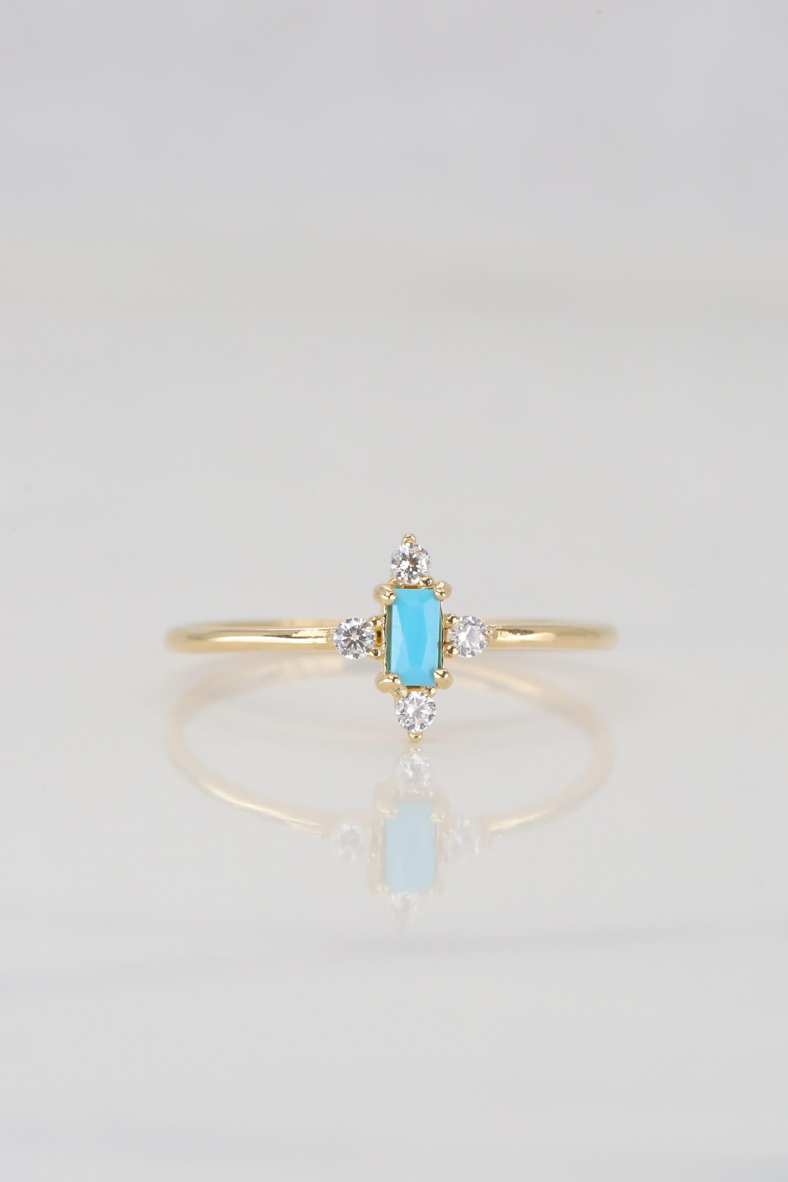 14K Gold Dainty Turquoise and Zircon Ring 7