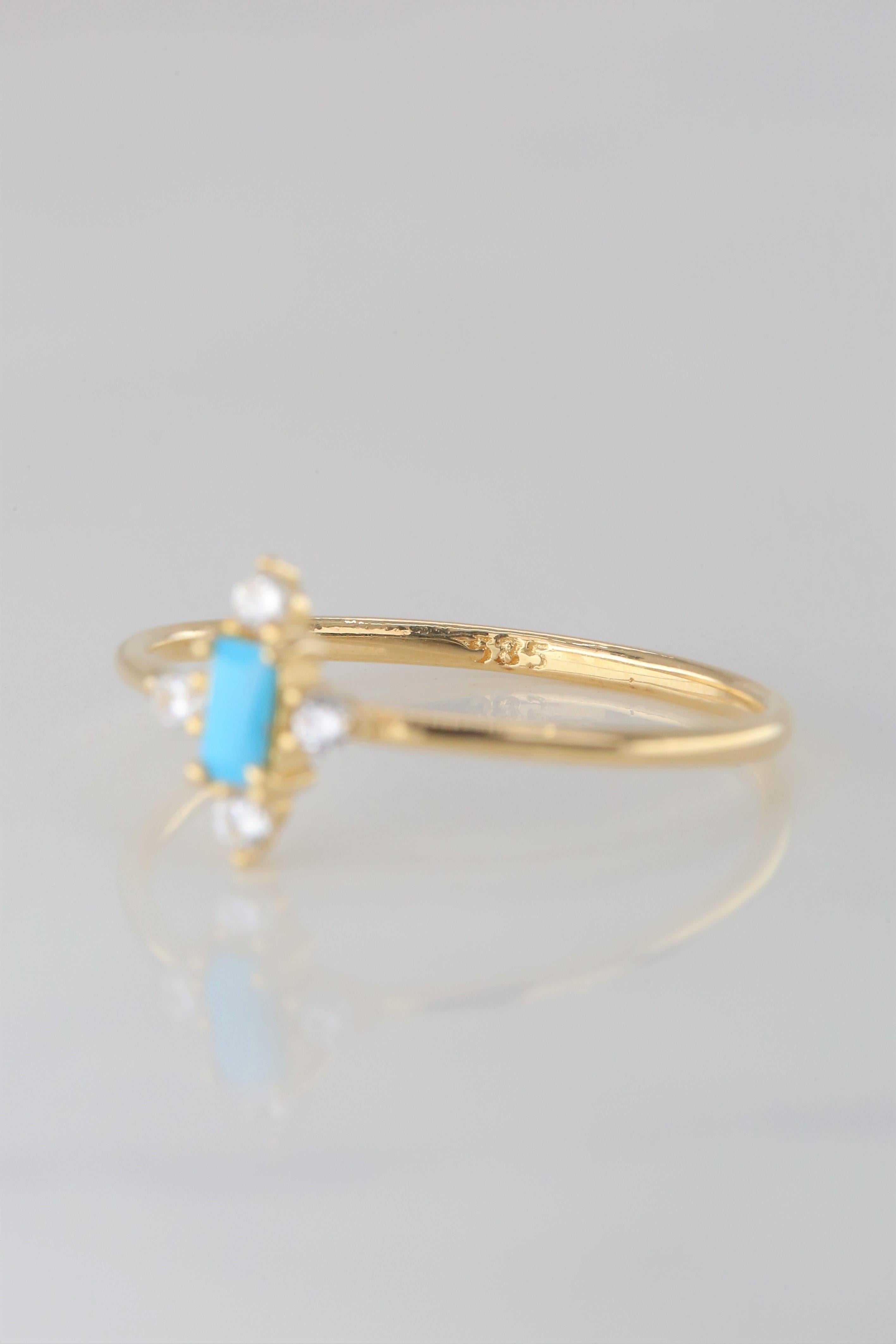 14K Gold Dainty Turquoise and Zircon Ring 8