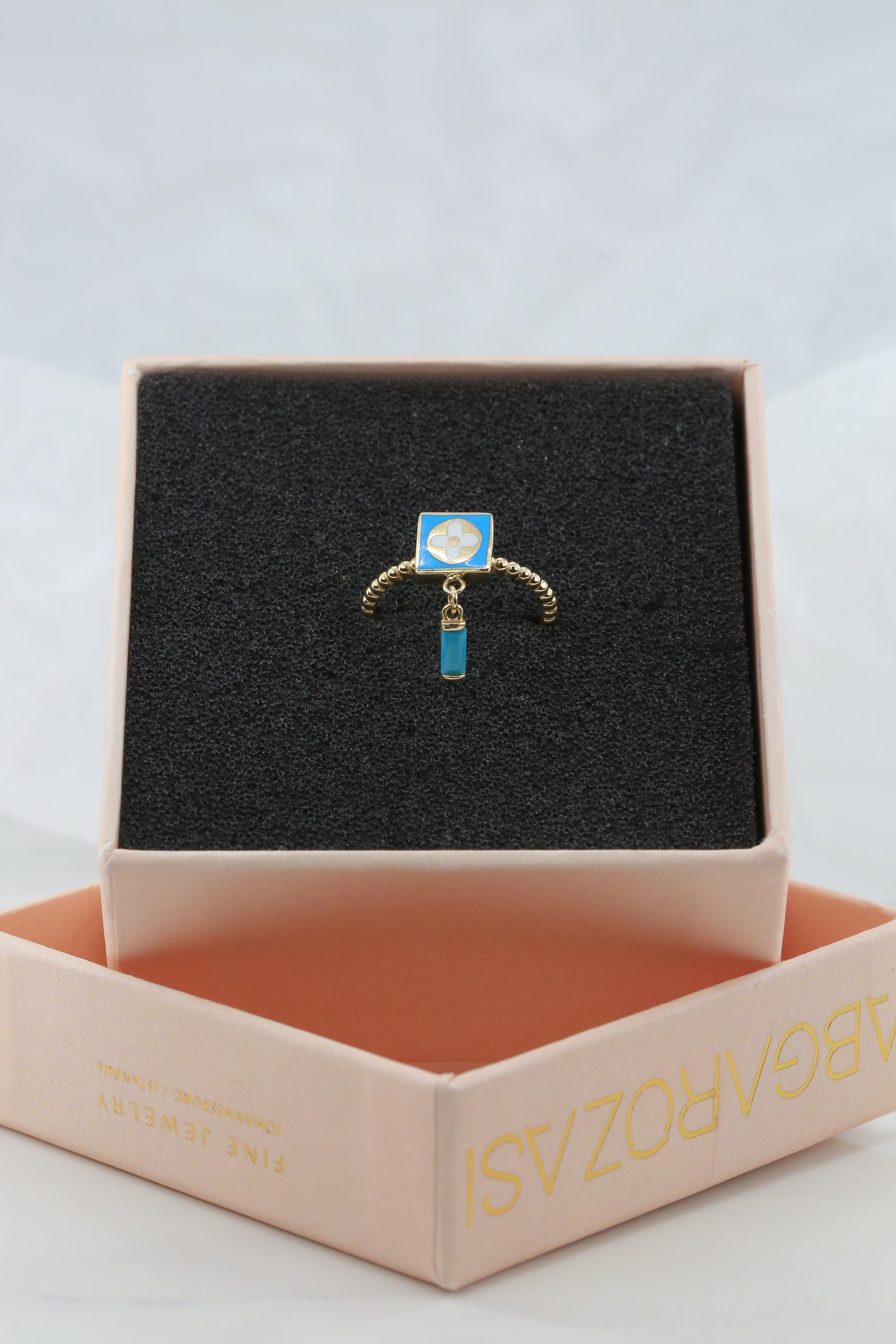 14K Gold Dainty Turquoise Enameled and Turquoise Ring 4