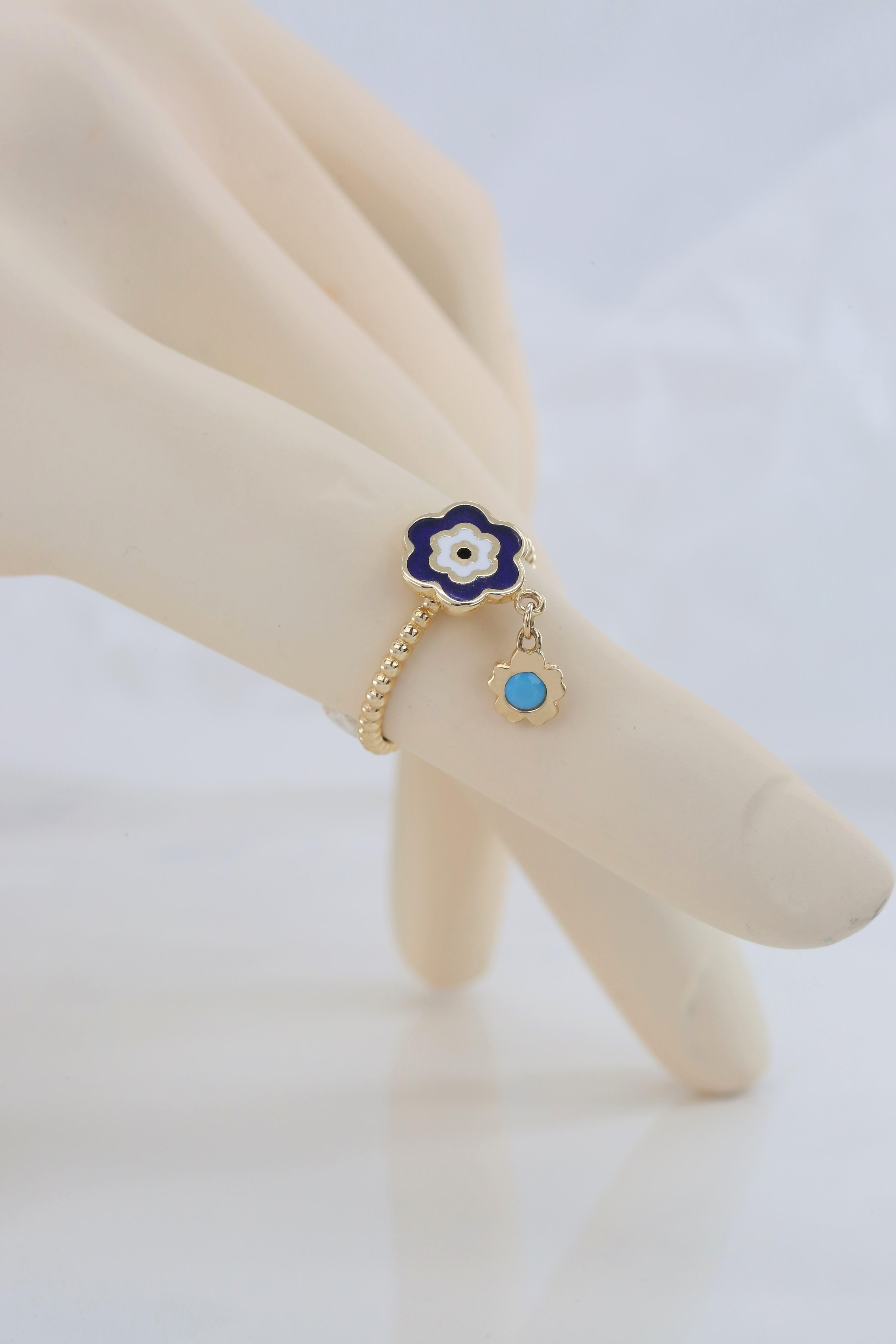 14K Gold Daisy Enamel Ring with Turquoise Pendant 2