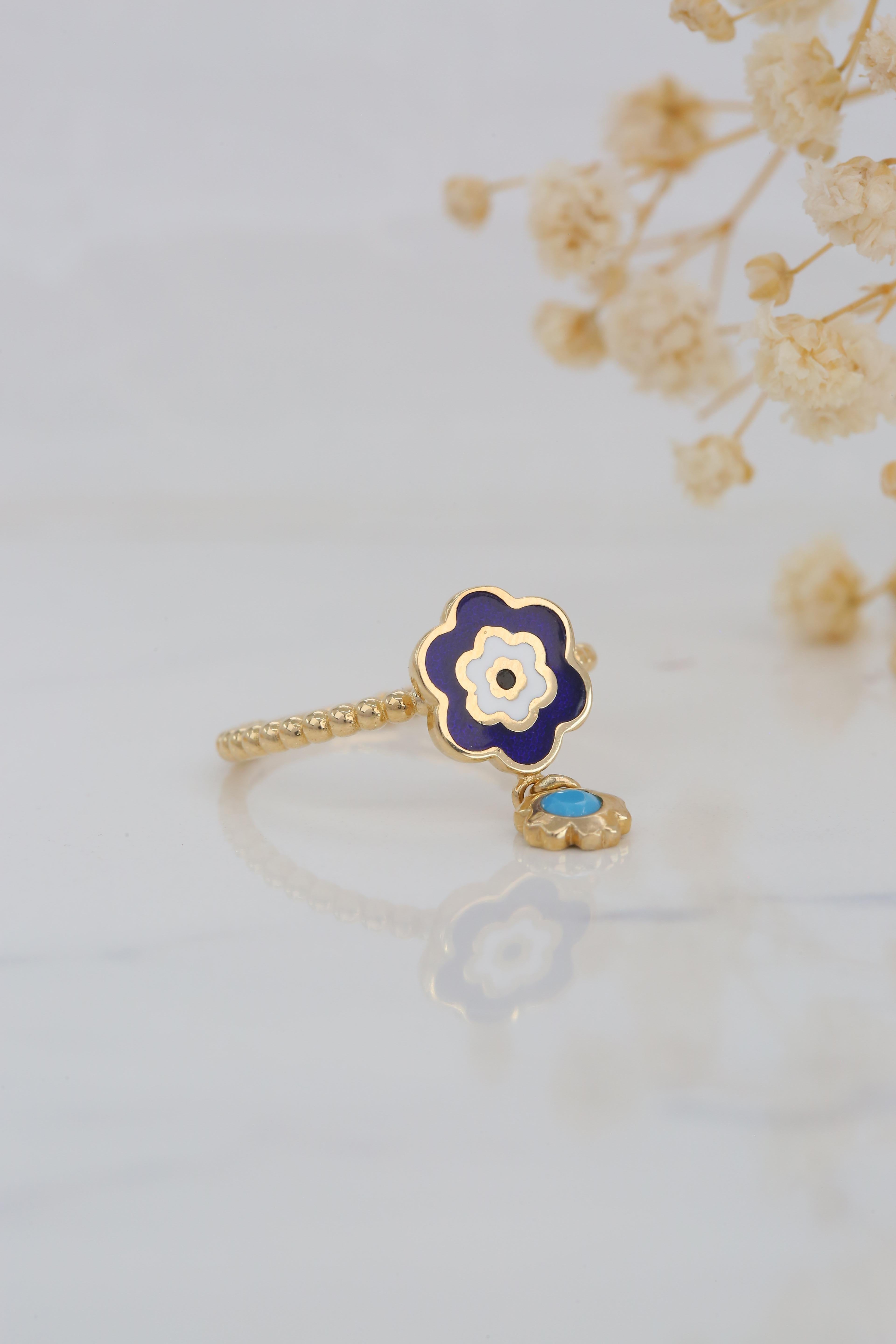14K Gold Daisy Enamel Ring with Turquoise Pendant 3