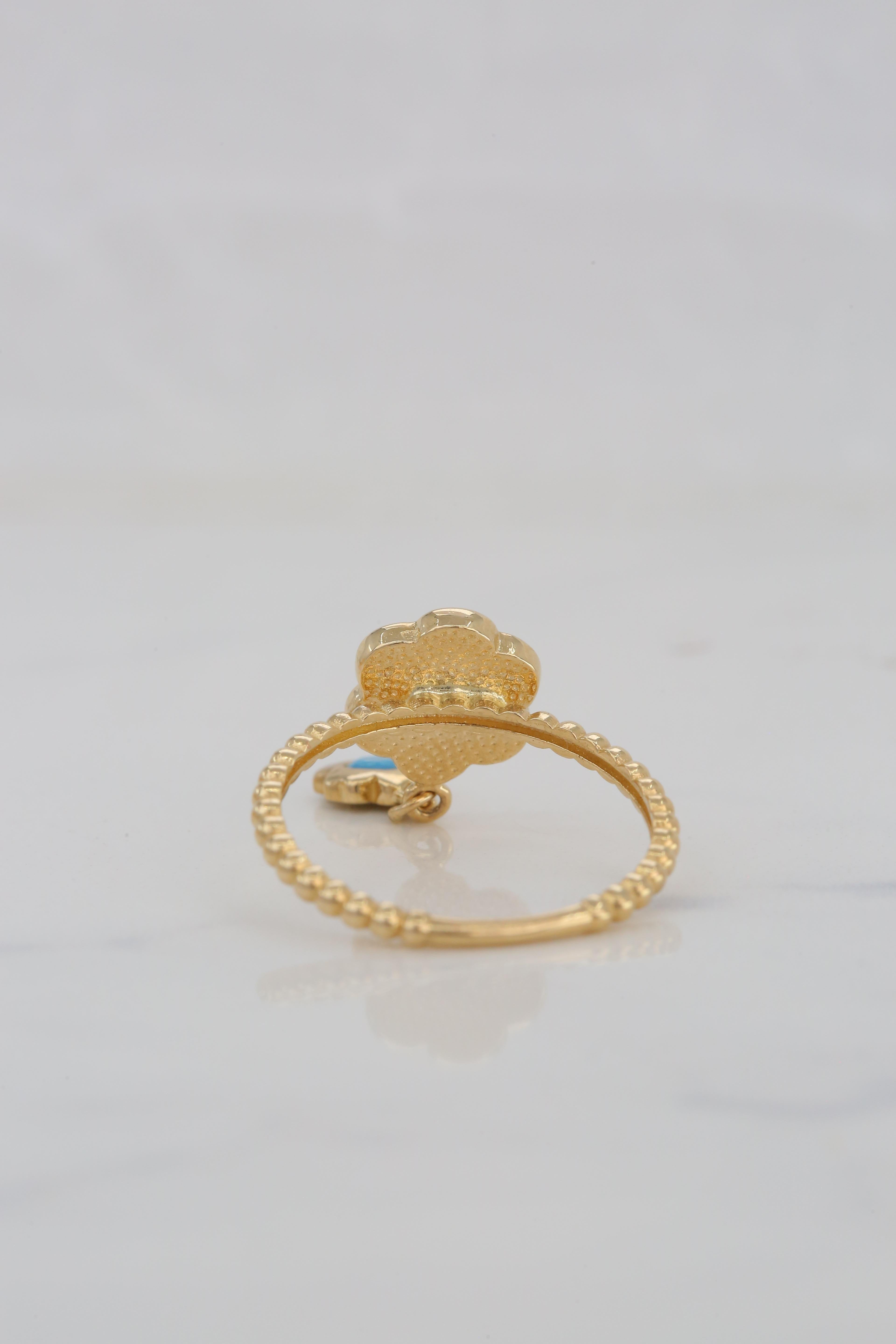 14K Gold Daisy Enamel Ring with Turquoise Pendant 5