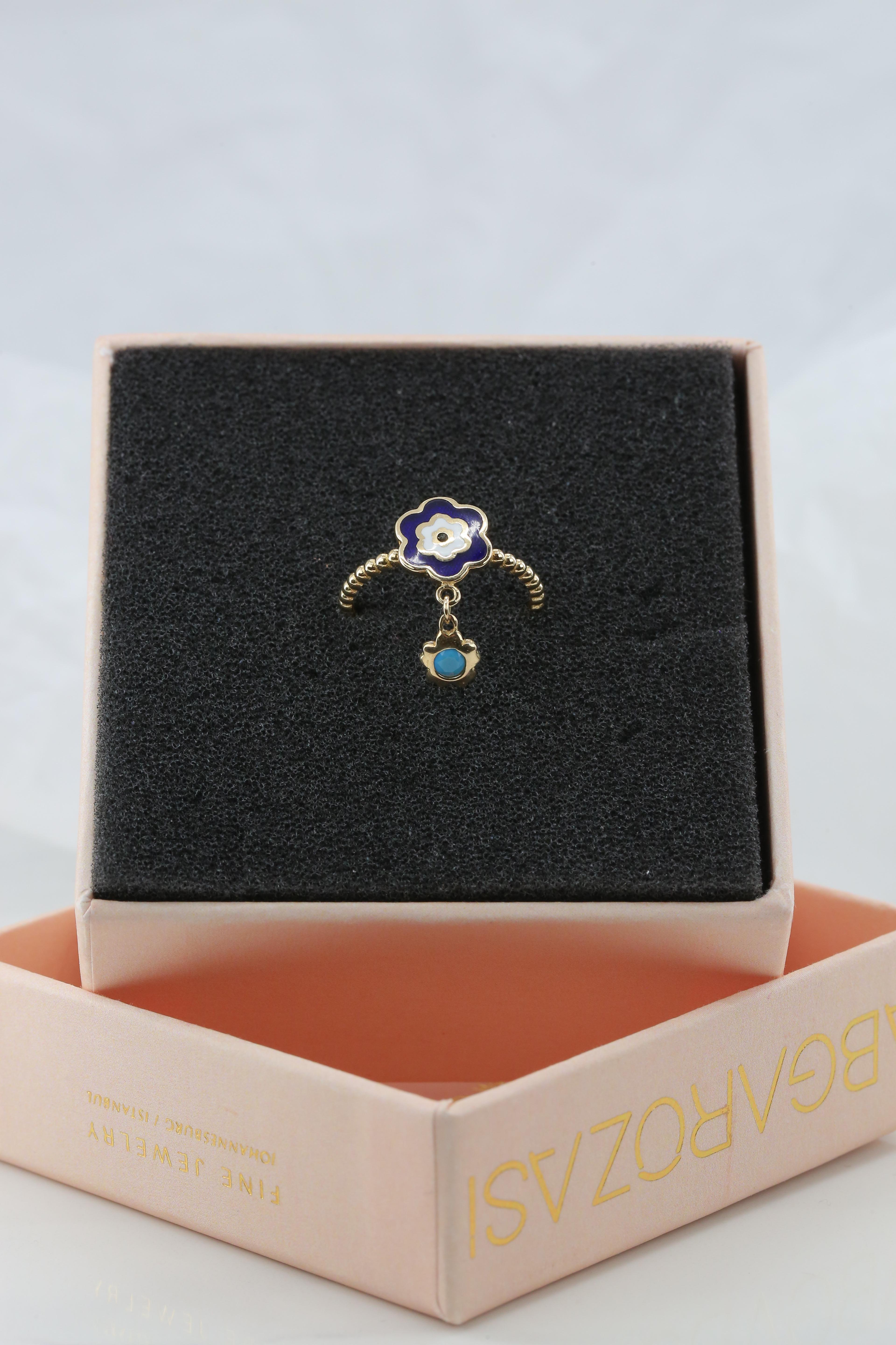 14K Gold Daisy Enamel Ring with Turquoise Pendant 6