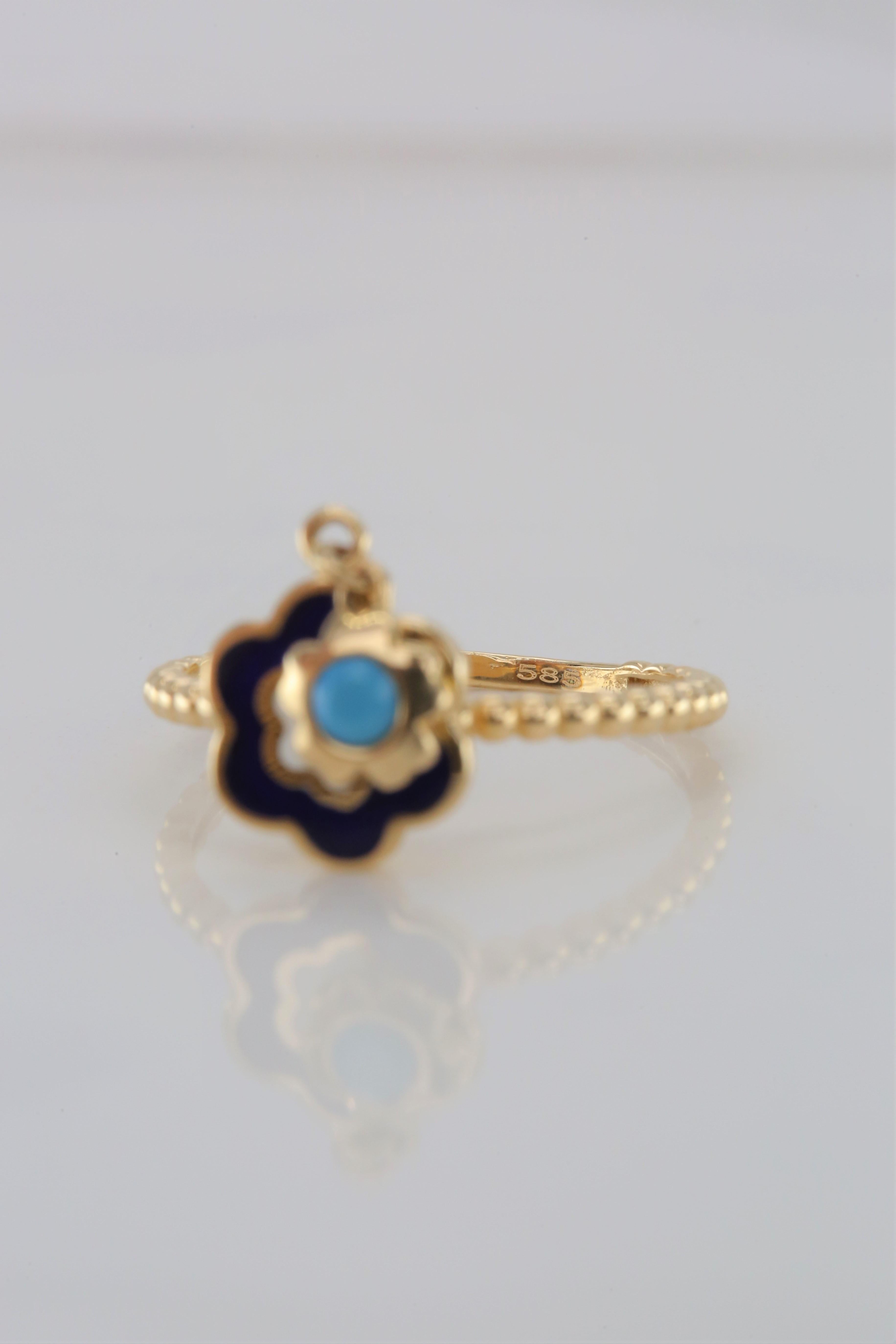 14K Gold Daisy Enamel Ring with Turquoise Pendant 7