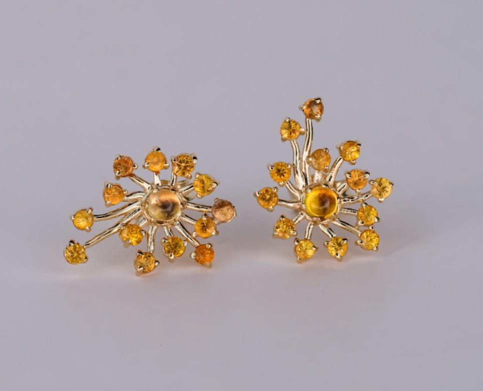 14k Gold Dandelion Flower Earrings Studs, Yellow Sapphire Flower Earrings For Sale 3