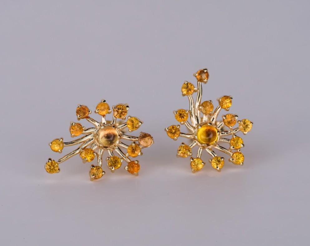 14k Gold Dandelion Flower Earrings Studs, Yellow Sapphire Flower Earrings For Sale 4