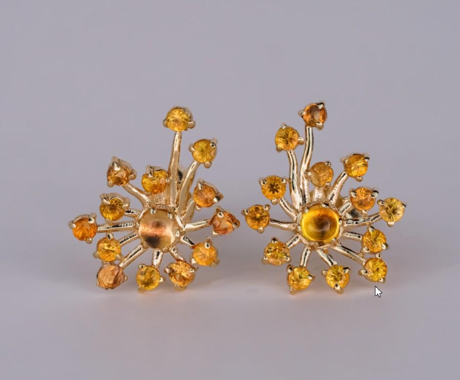 14k Gold Dandelion Flower Earrings Studs, Yellow Sapphire Flower Earrings For Sale 5