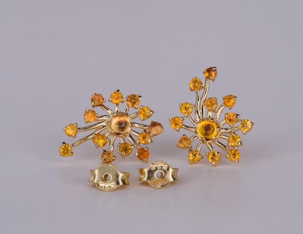 14k Gold Dandelion Flower Earrings Studs, Yellow Sapphire Flower Earrings For Sale 6