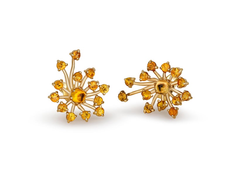 14k Gold Dandelion Flower Earrings Studs. Yellow sapphire flower earrings.  14 karat gold dandelion flower earrings with genuine sapphires. Yellow sapphire earrings. 

We also have matching ring -  14 Karat Gold Ring with Yellow Sapphires. Dandelion