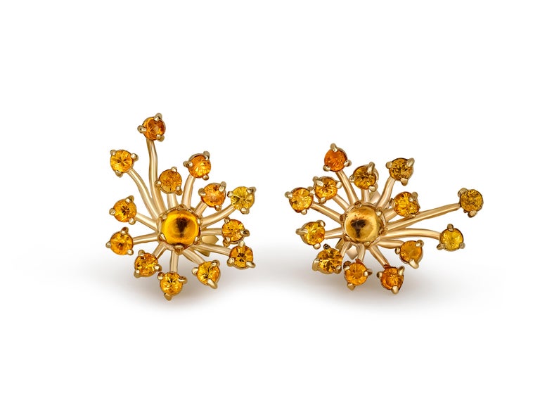 Modern 14k Gold Dandelion Flower Earrings Studs, Yellow Sapphire Flower Earrings For Sale