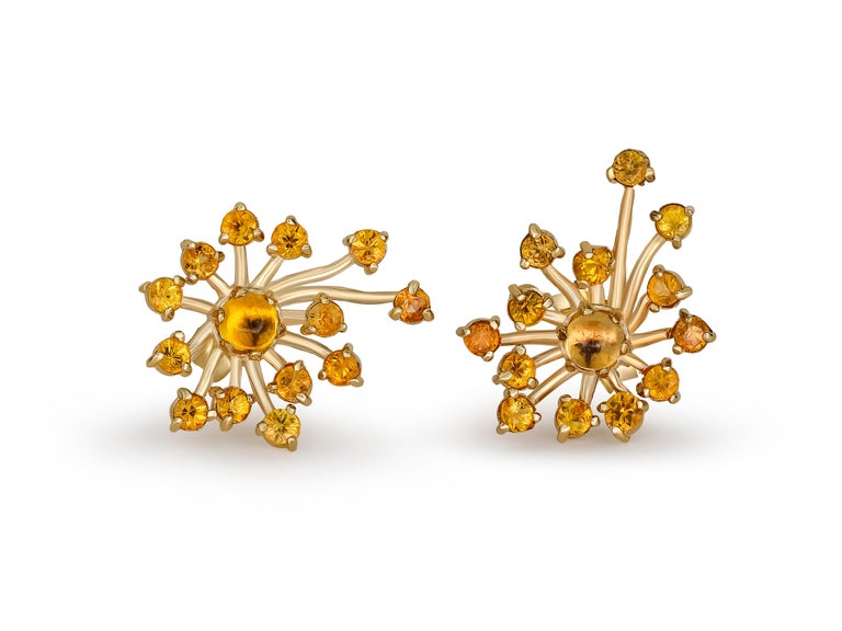 Cabochon 14k Gold Dandelion Flower Earrings Studs, Yellow Sapphire Flower Earrings For Sale