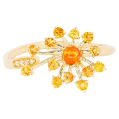 14k Gold Dandelion Flower Ring with Sapphires and Diamonds