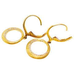 14K Gold Dangle Diamond Brushed Open Circle Earrings, Satin Finish with Diamonds