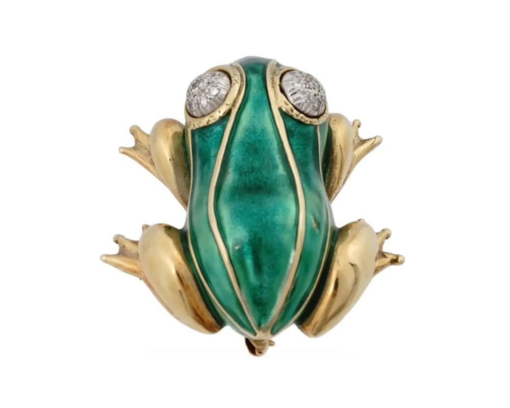 Taille ronde Broche grenouille en or 14 carats David Design/One avec diamants en vente