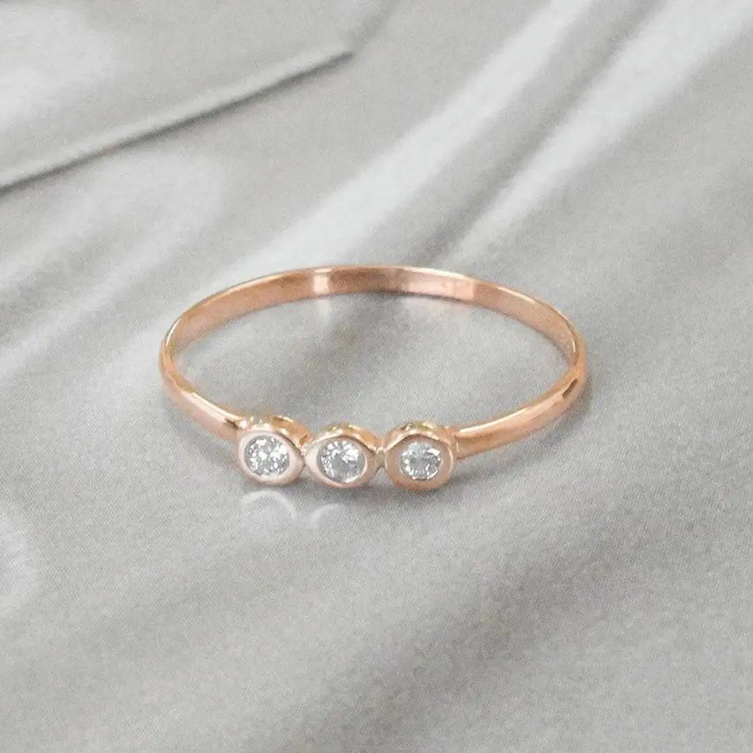 For Sale:  14k Gold Diamond 1.75 mm Ring Bezel Setting Three Diamond Ring Trio Diamond Ring 6