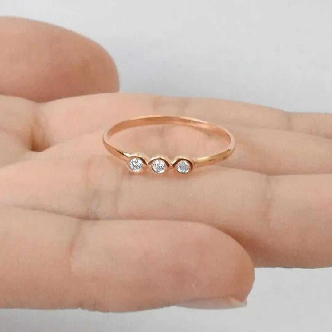 For Sale:  14k Gold Diamond 1.75 mm Ring Bezel Setting Three Diamond Ring Trio Diamond Ring 7