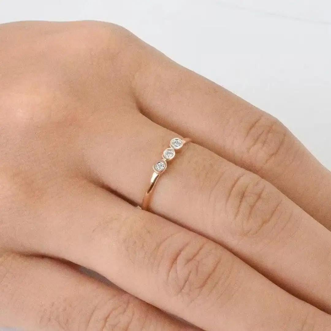 For Sale:  14k Gold Diamond 1.75 mm Ring Bezel Setting Three Diamond Ring Trio Diamond Ring 8