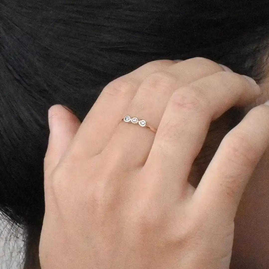 For Sale:  14k Gold Diamond 1.75 mm Ring Bezel Setting Three Diamond Ring Trio Diamond Ring 9