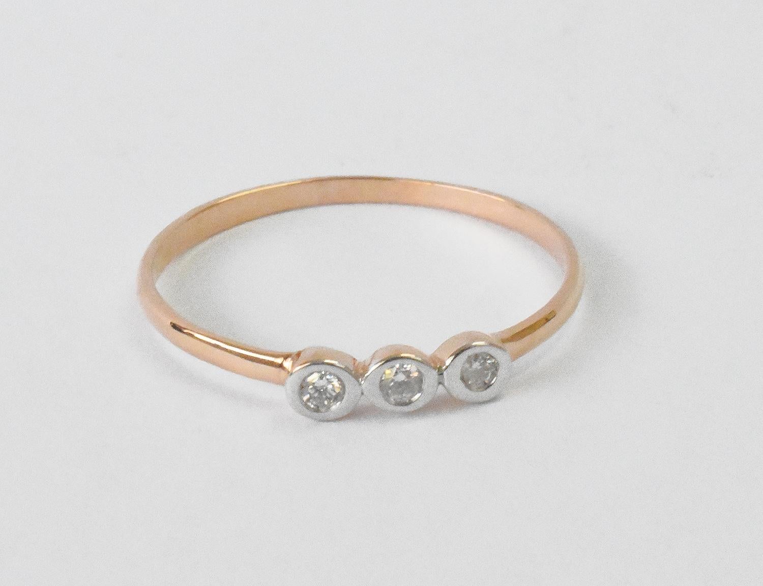 For Sale:  14k Gold Diamond 1.9 mm Ring Bezel Setting Three Diamond Ring Trio Diamond Ring 2