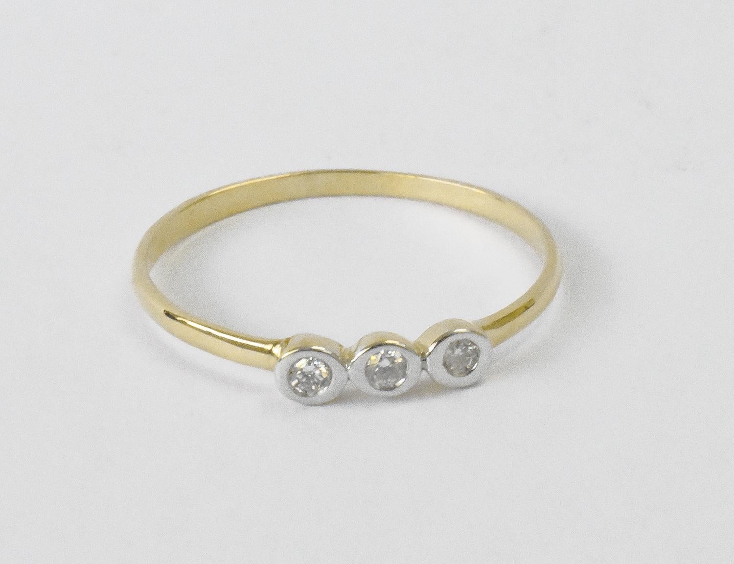 For Sale:  14k Gold Diamond 1.9 mm Ring Bezel Setting Three Diamond Ring Trio Diamond Ring 3