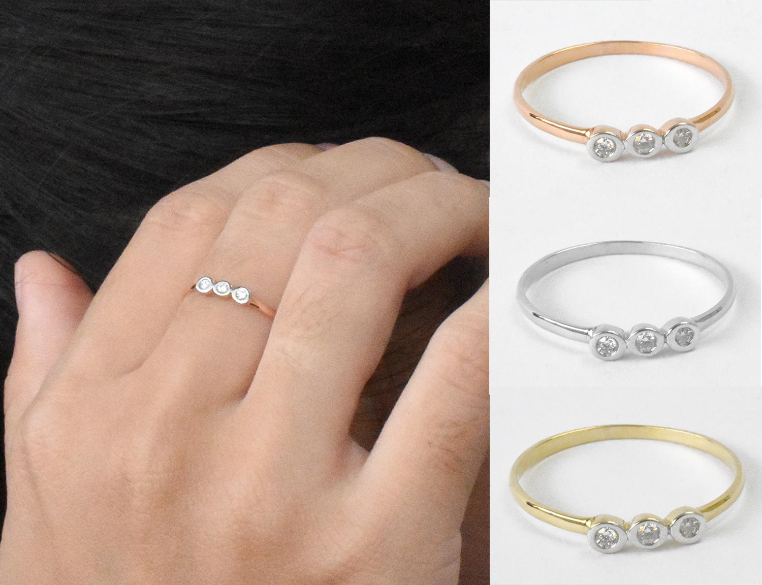 For Sale:  14k Gold Diamond 1.9 mm Ring Bezel Setting Three Diamond Ring Trio Diamond Ring 5