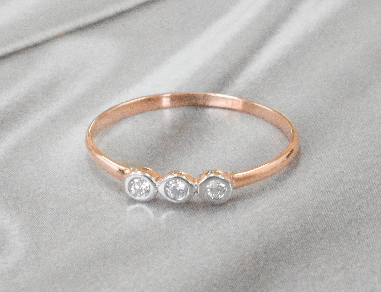 For Sale:  14k Gold Diamond 1.9 mm Ring Bezel Setting Three Diamond Ring Trio Diamond Ring 6