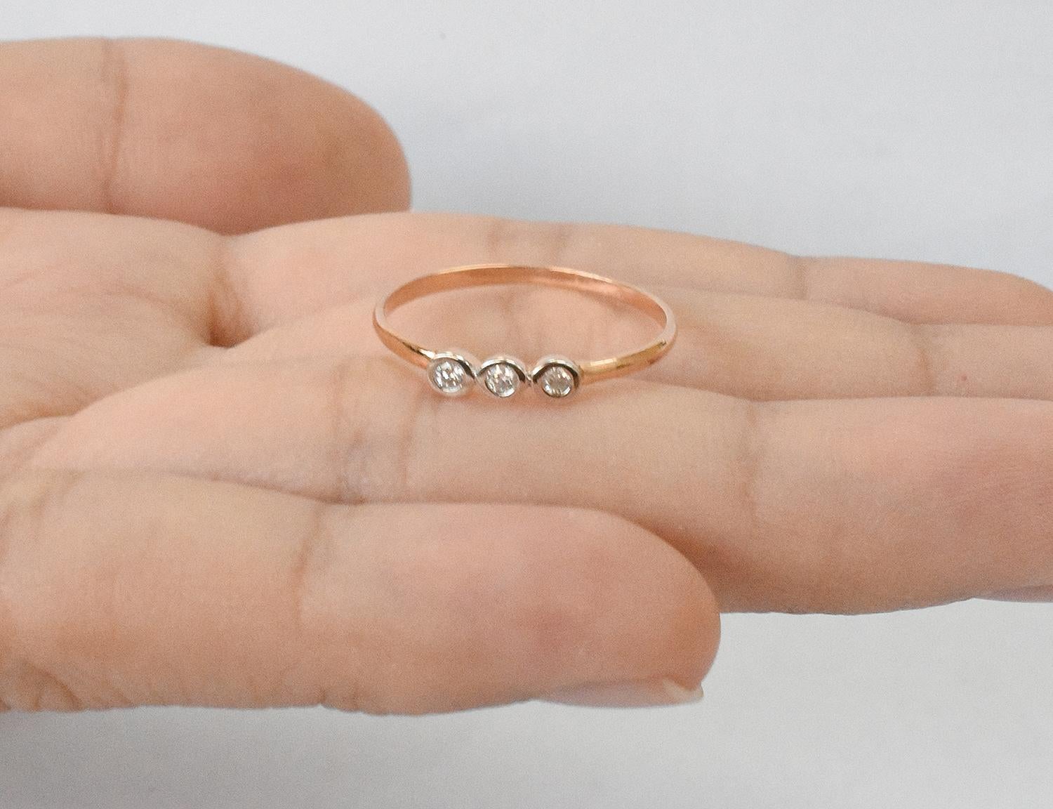 For Sale:  14k Gold Diamond 1.9 mm Ring Bezel Setting Three Diamond Ring Trio Diamond Ring 7