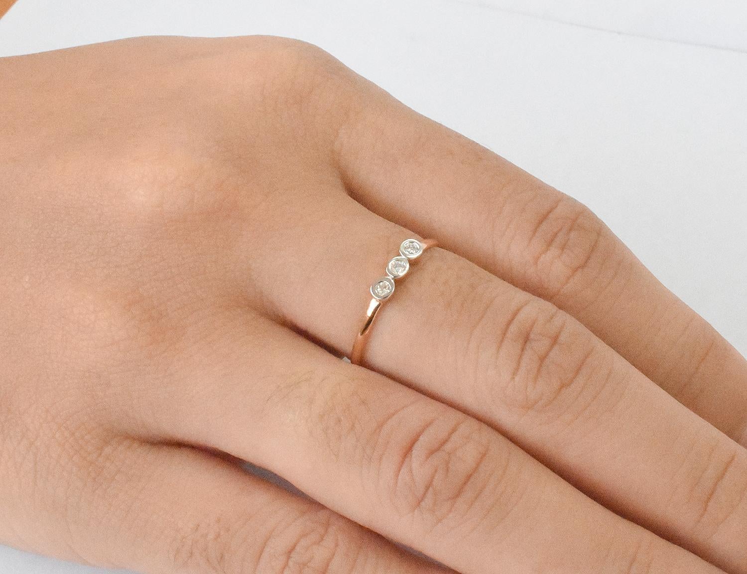 For Sale:  14k Gold Diamond 1.9 mm Ring Bezel Setting Three Diamond Ring Trio Diamond Ring 8