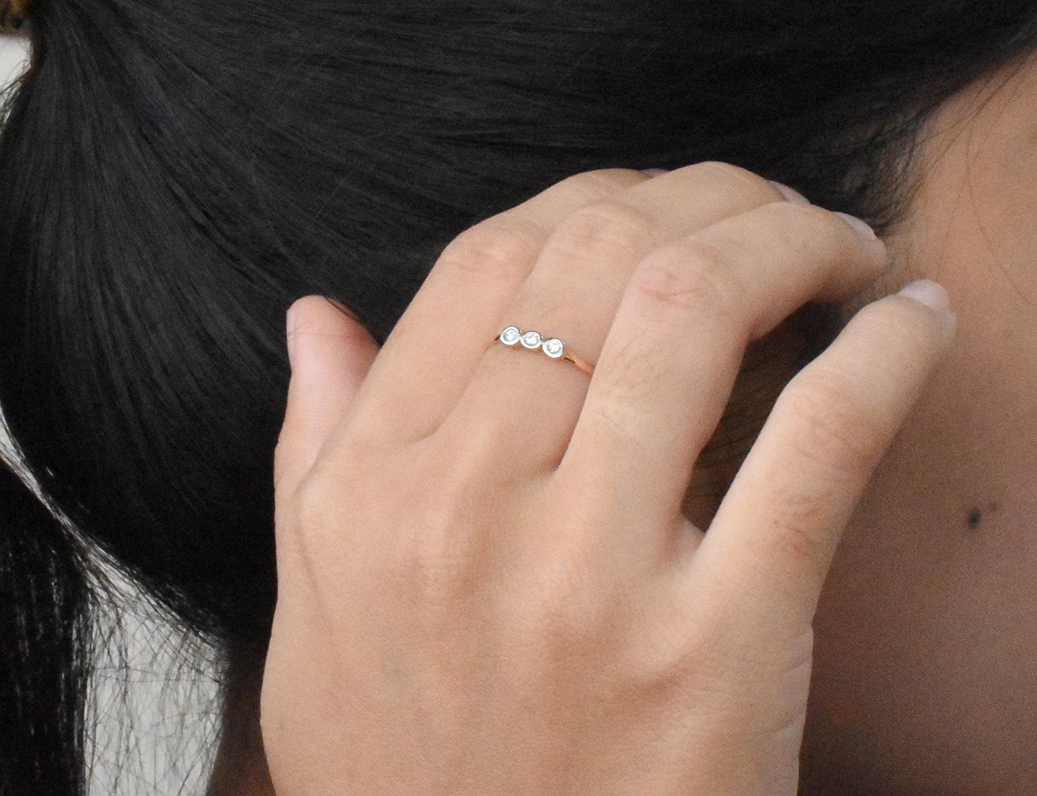 For Sale:  14k Gold Diamond 1.9 mm Ring Bezel Setting Three Diamond Ring Trio Diamond Ring 9