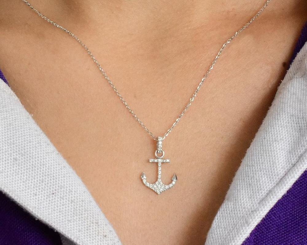 Modern 14k Gold Diamond Anchor Necklace Nautical Necklace Marine Necklace For Sale