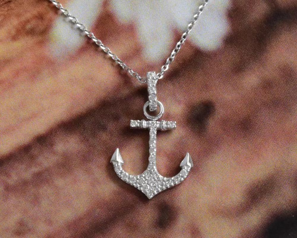 Round Cut 14k Gold Diamond Anchor Necklace Nautical Necklace Marine Necklace For Sale