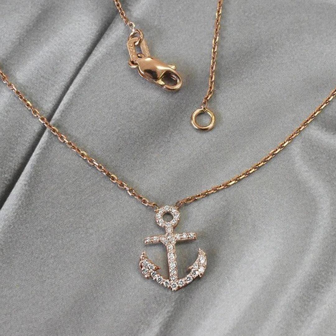 Modern 14k Gold Diamond Anchor Necklace Ocean Necklace Dainty Diamond Minimalist For Sale