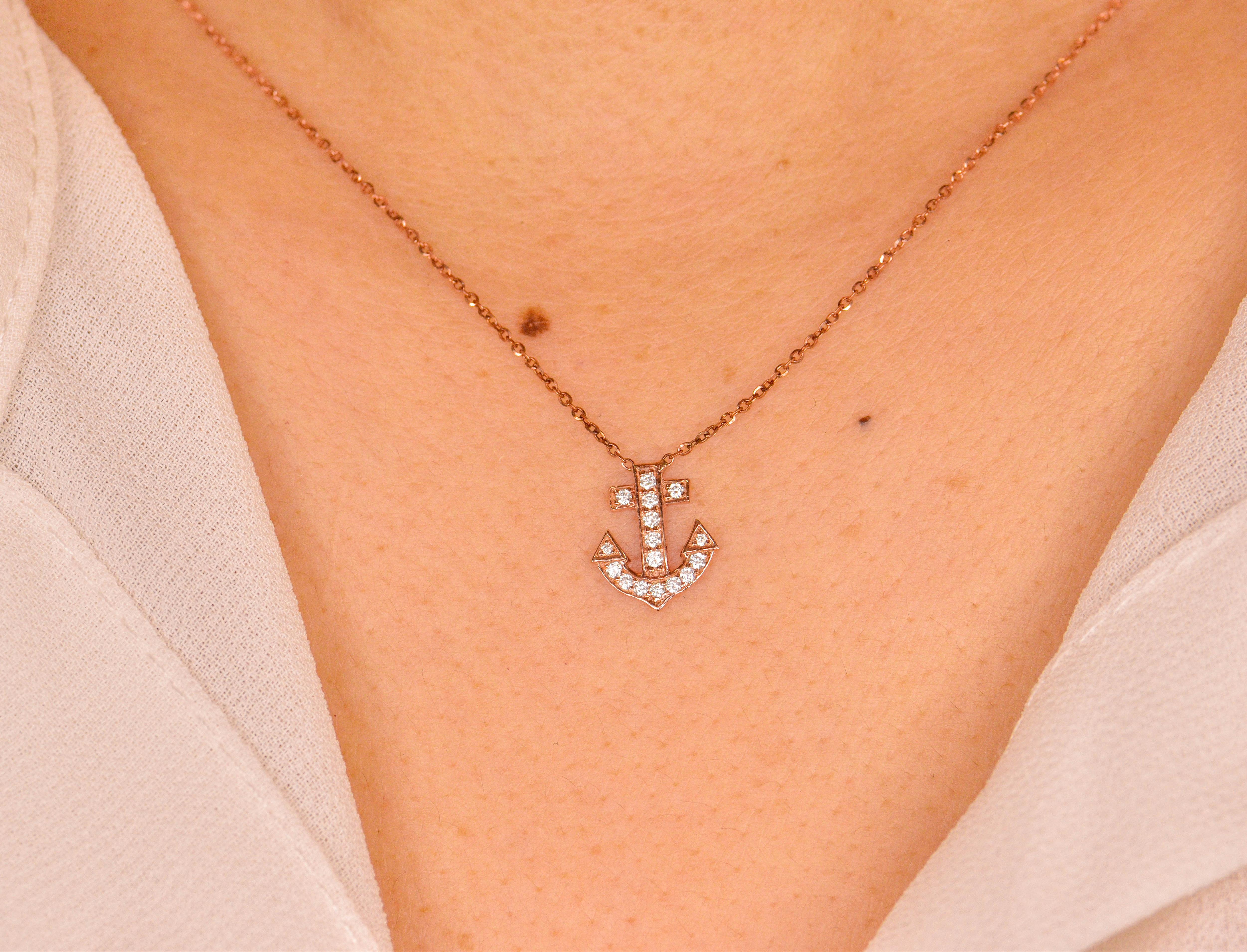 14k Gold Diamond Anchor Pendant Necklace Delicate Necklace Pave Round Diamond For Sale 4