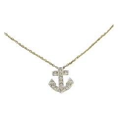 14k Gold Diamond Anchor Pendant Necklace Delicate Necklace Pave Round Diamond