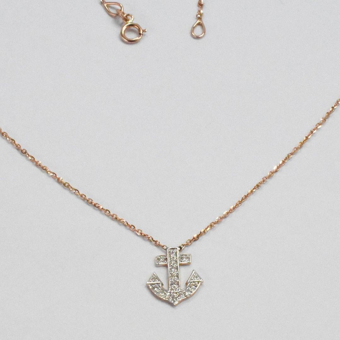 14k Gold Diamant-Halskette mit Anker-Anhänger, zarte Halskette mit runden Diamanten (Rundschliff) im Angebot