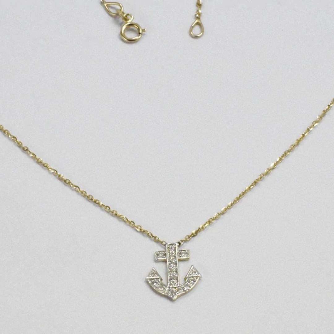 Modern 14k Gold Diamond Anchor Pendant Necklace Delicate Necklace Pave Round Diamond For Sale