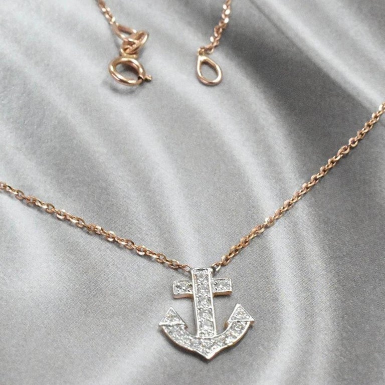 14k Gold Diamond Anchor Pendant Necklace Delicate Necklace Pave Round
