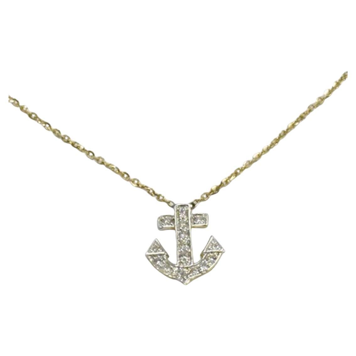 14k Gold Diamond Anchor Pendant Necklace Delicate Necklace Pave Round Diamond