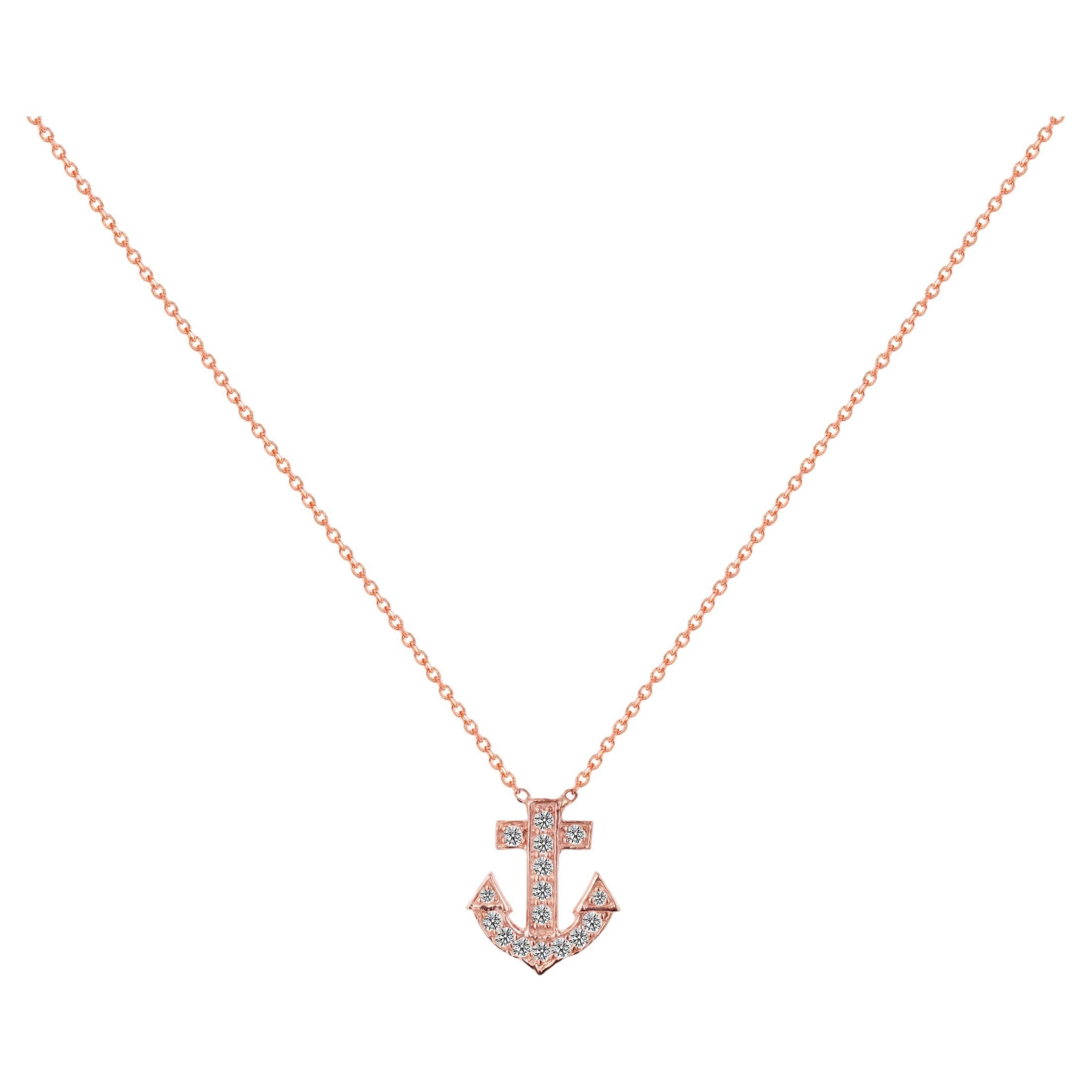 14k Gold Diamond Anchor Pendant Necklace Delicate Necklace Pave Round Diamond