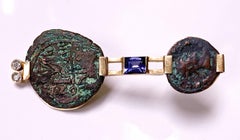 14K Gold Diamond Ancient Coin Brooch Pin