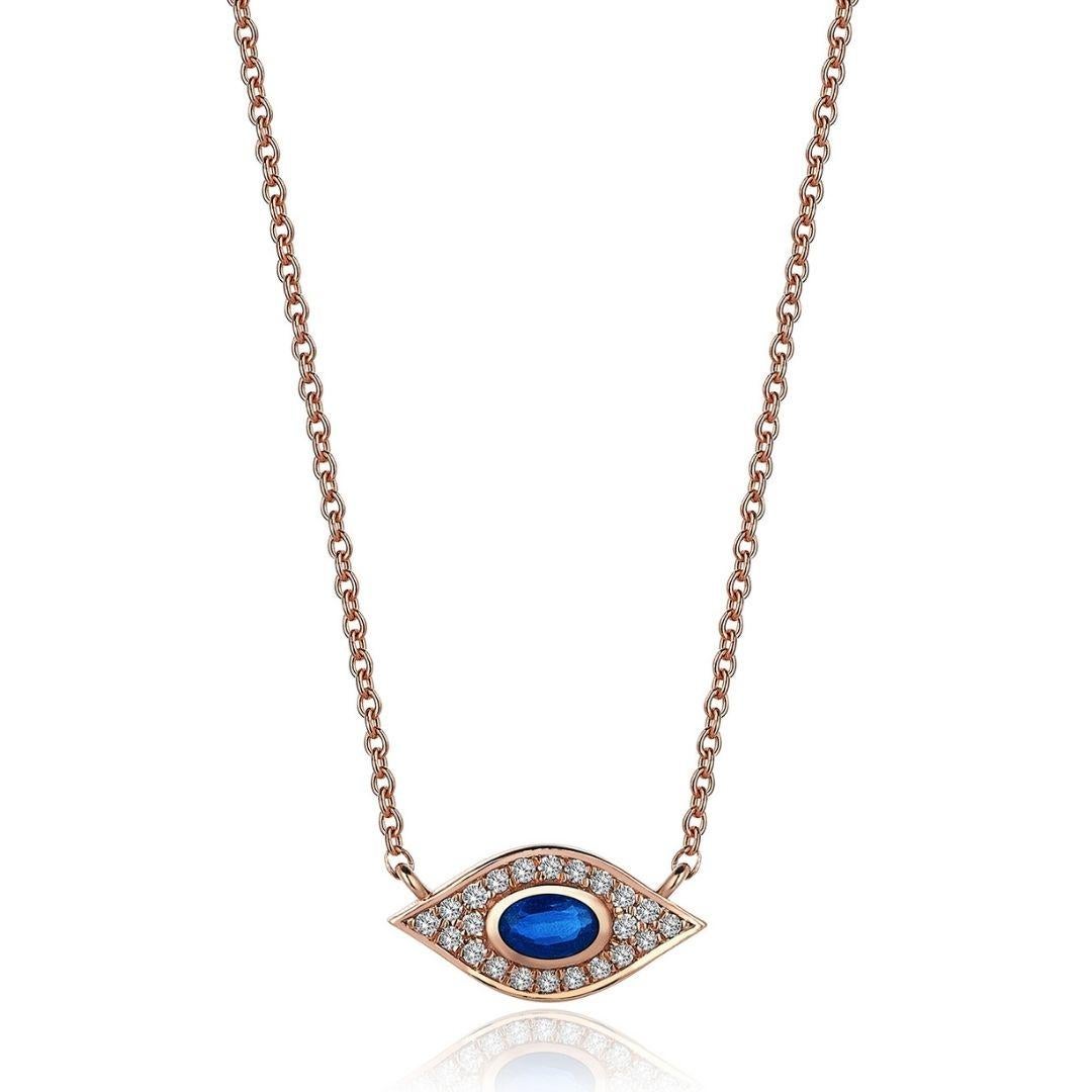 Evil Eye adds a mystic touch to any look. It features one eye motif in blue sapphire and  pavé  diamonds and 14k yellow gold. 
Diamonds 0.13 carat - G Color - VS1
Fine 14k gold cable chain can be worn at 16” or 18” in length.