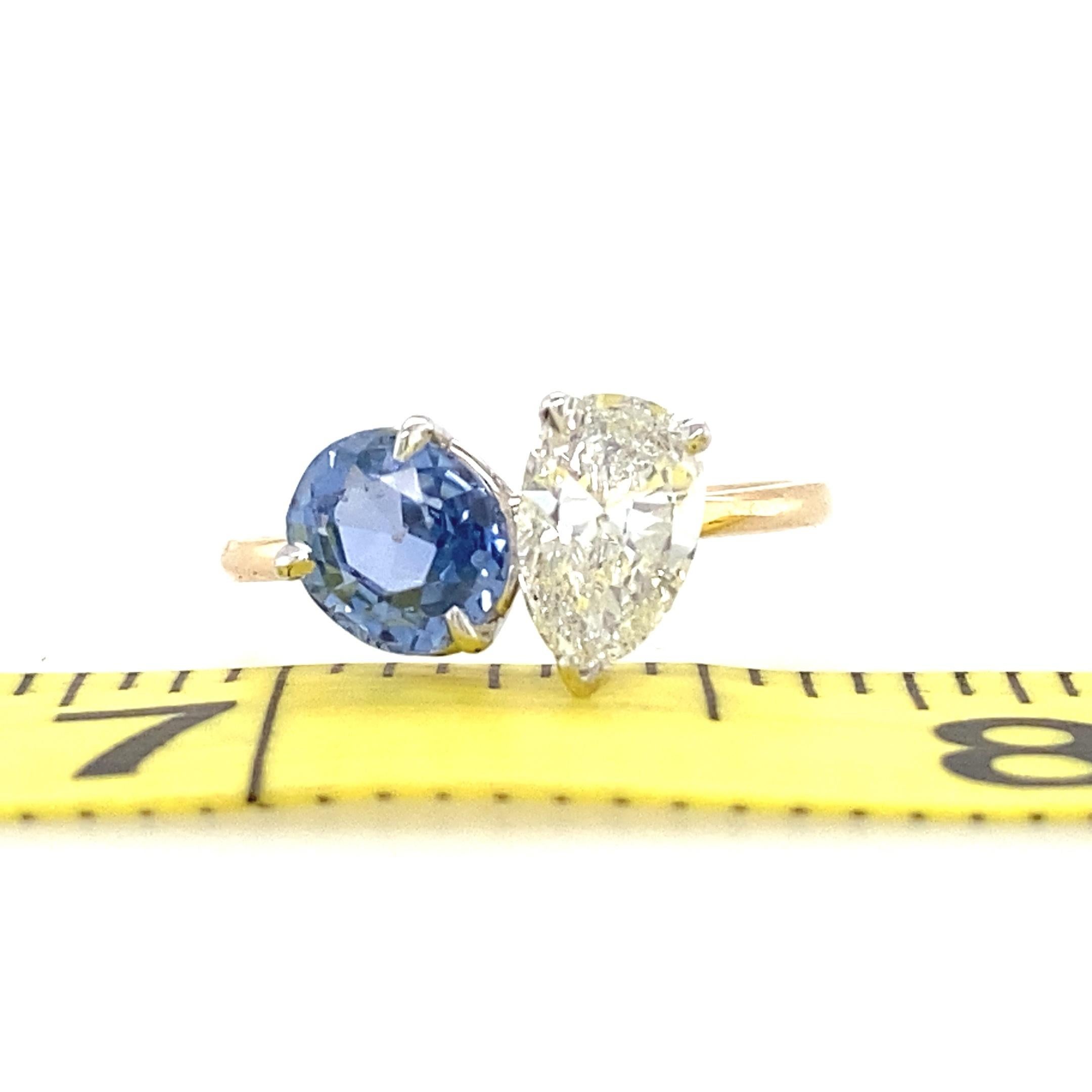 Contemporary 14k Gold Diamond and Natural Sapphire Toi Et Moi Ring