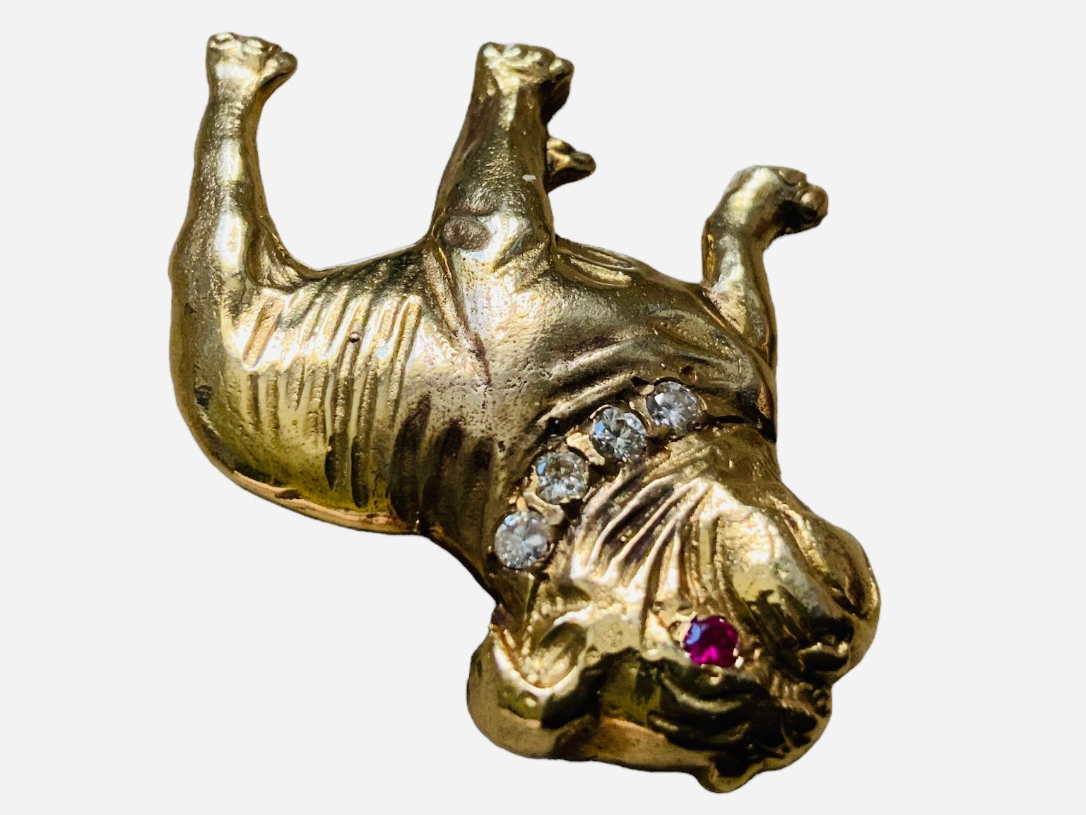 Round Cut 14K Gold, Diamond And Ruby Bulldog Pin/Brooch  For Sale