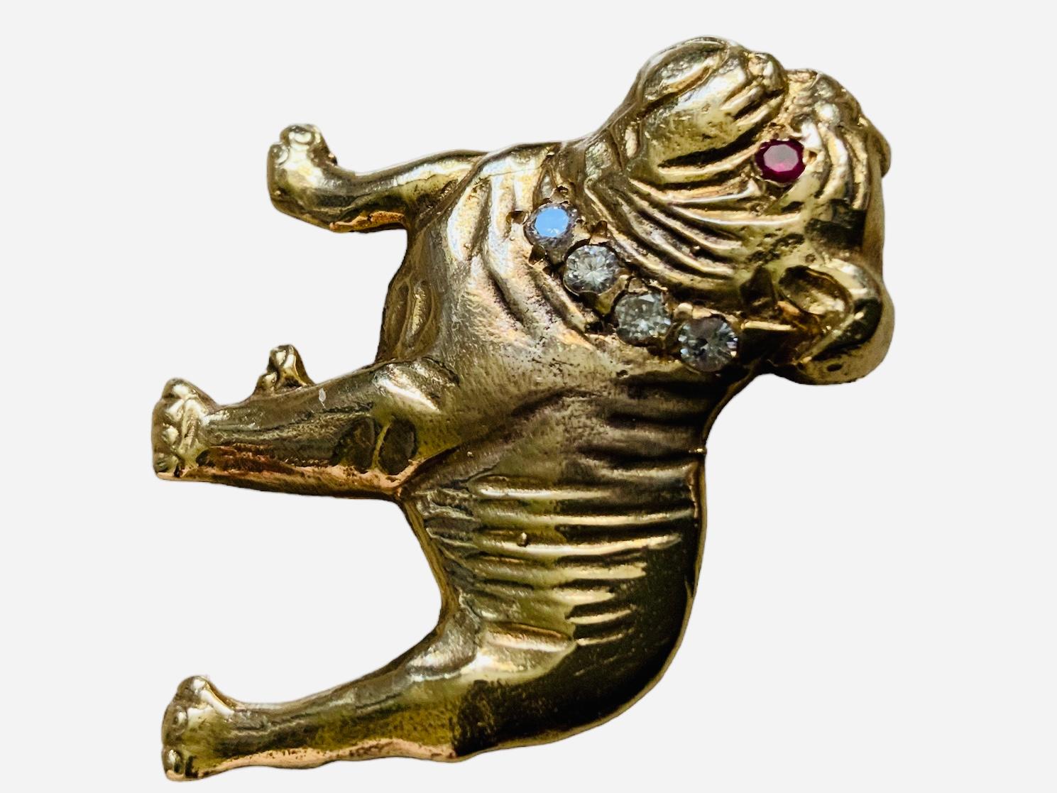 14K Gold, Diamond And Ruby Bulldog Pin/Brooch  In Good Condition For Sale In Guaynabo, PR