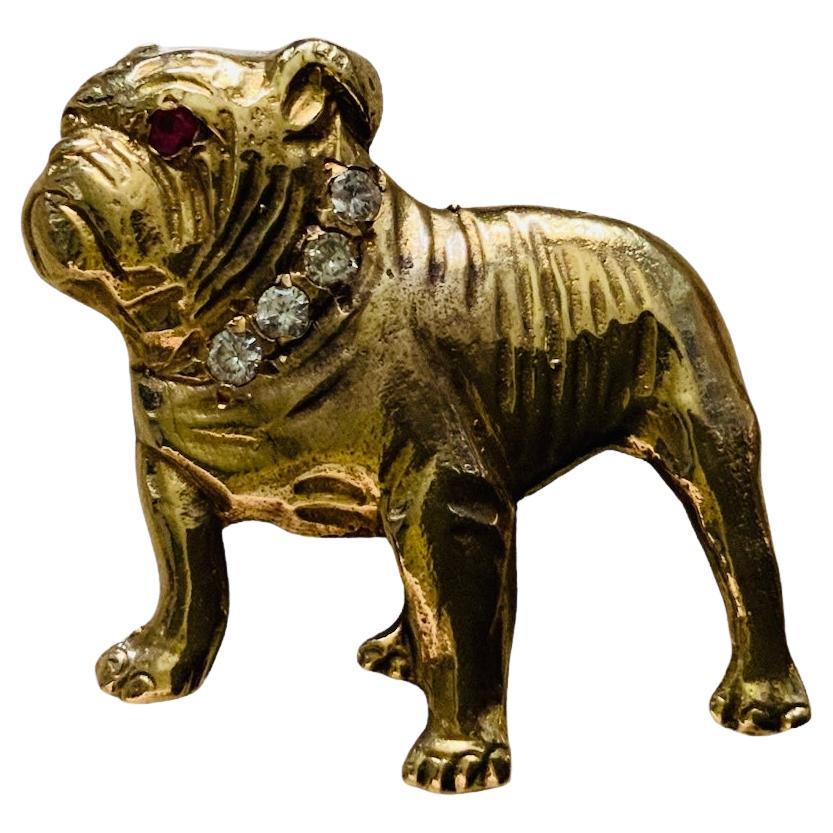 14K Gold, Diamond And Ruby Bulldog Pin/Brooch  For Sale