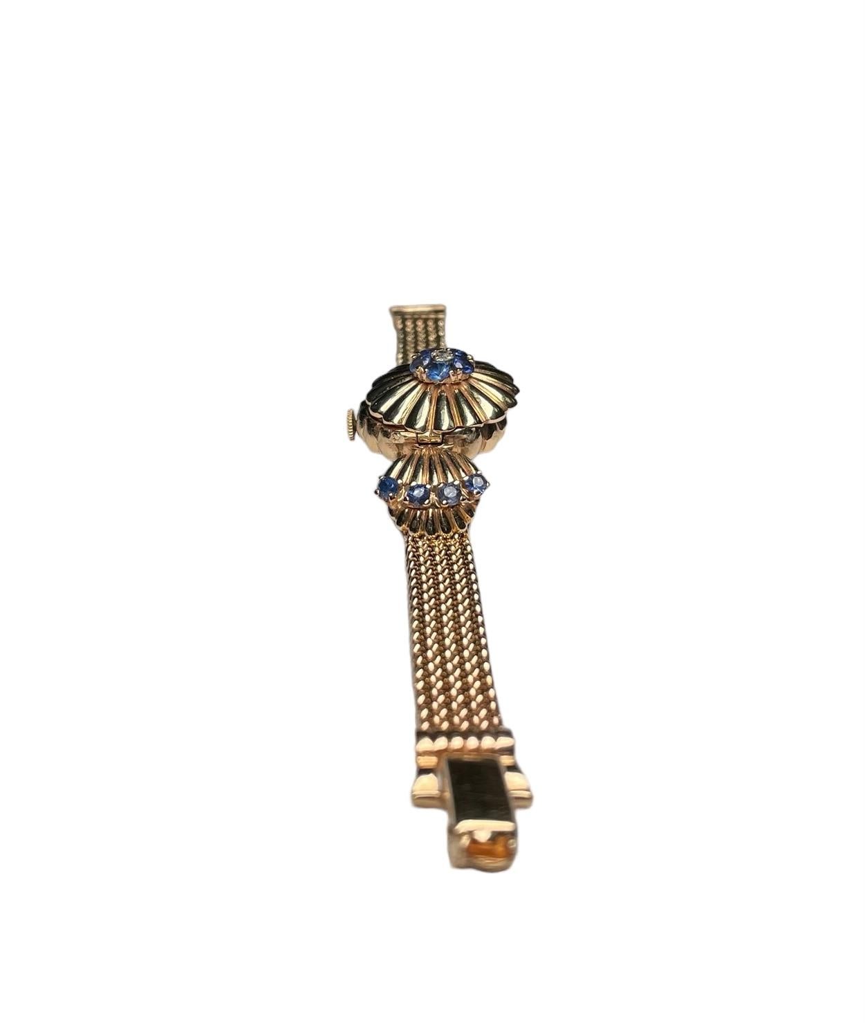 14K Gold, Diamond and Sapphires Hidden Watch Bracelet For Sale 5