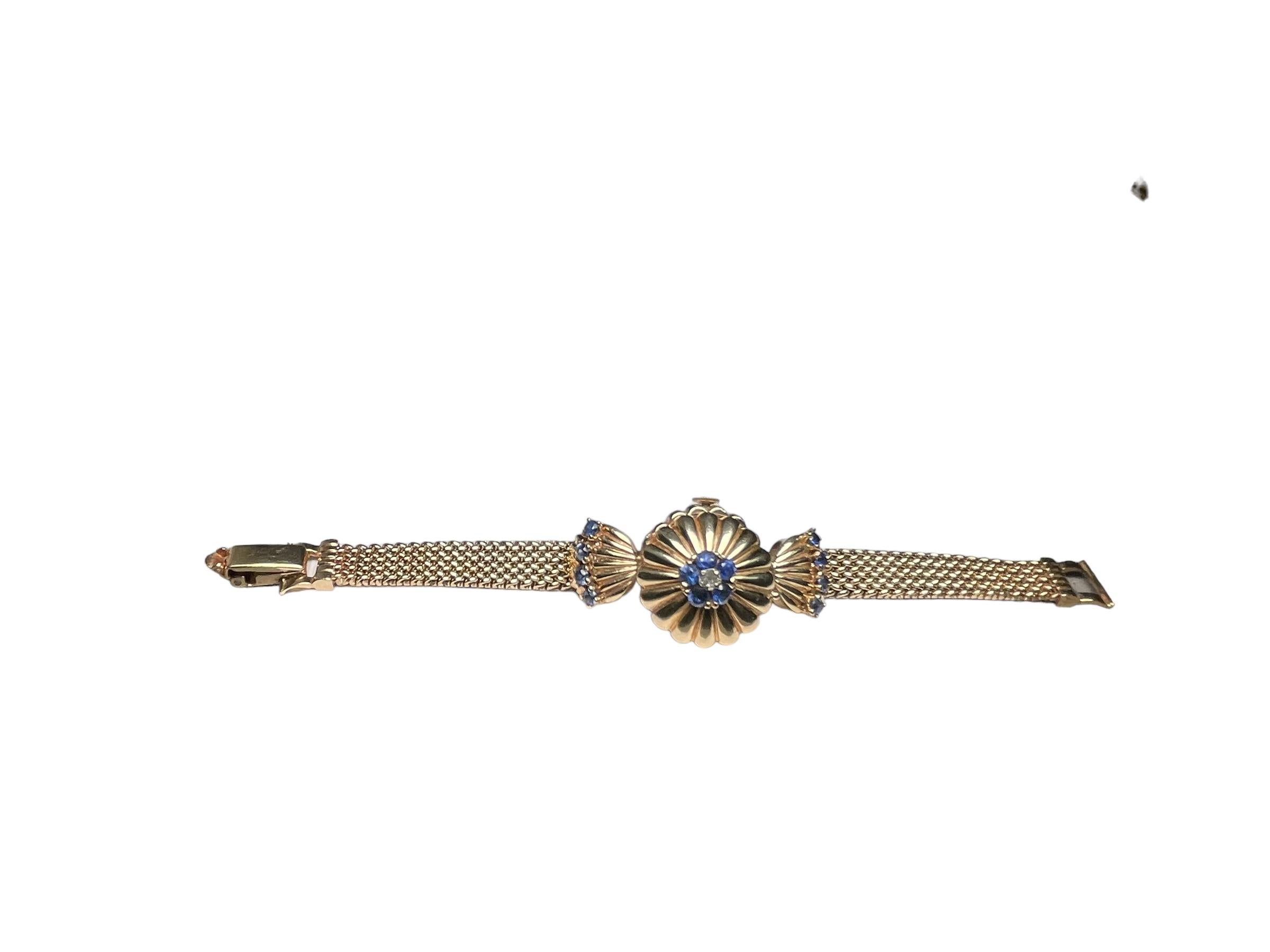 14K Gold, Diamond and Sapphires Hidden Watch Bracelet For Sale 6