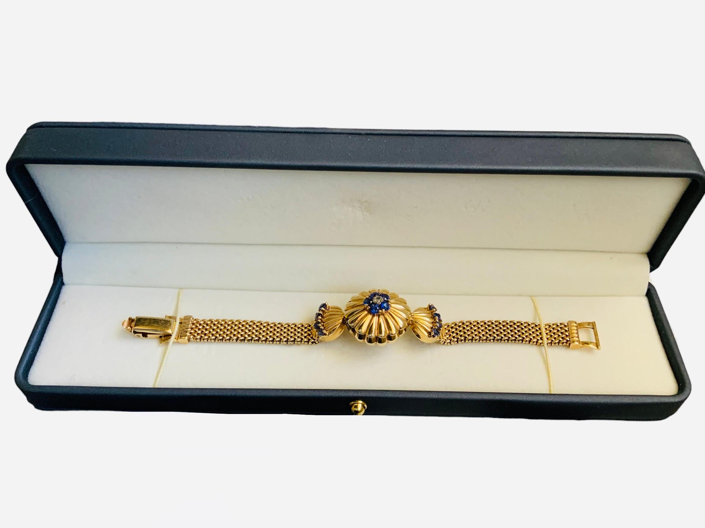 14K Gold, Diamond and Sapphires Hidden Watch Bracelet  For Sale 7